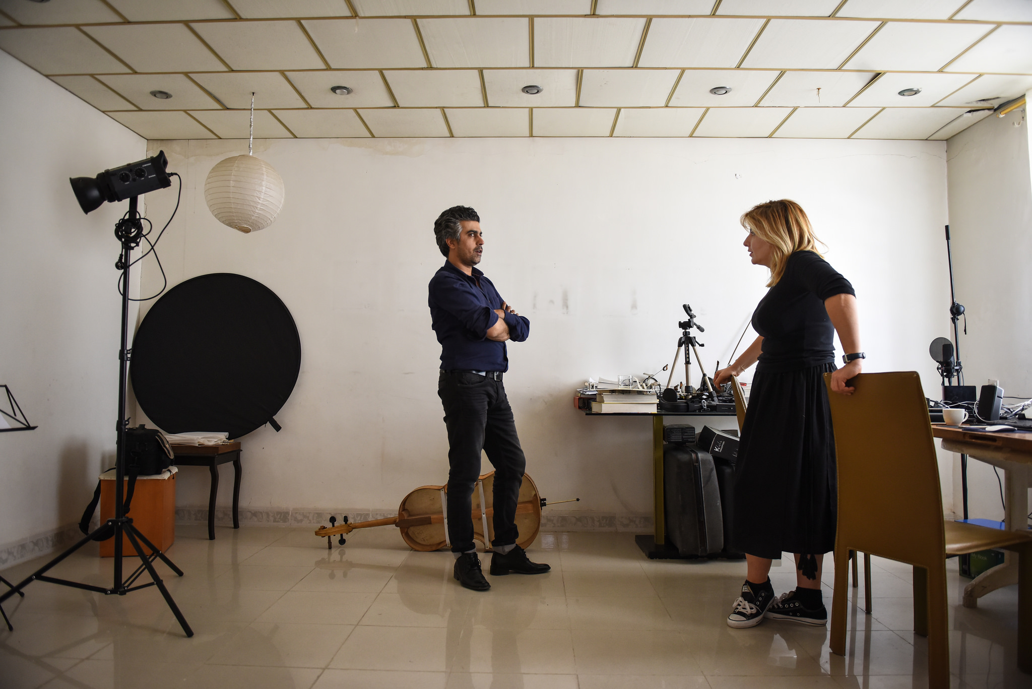 Sherko Abbas and Tamara Chalabi in the artist's studio in Sulaymaniya. Photo: Ruya Foundation